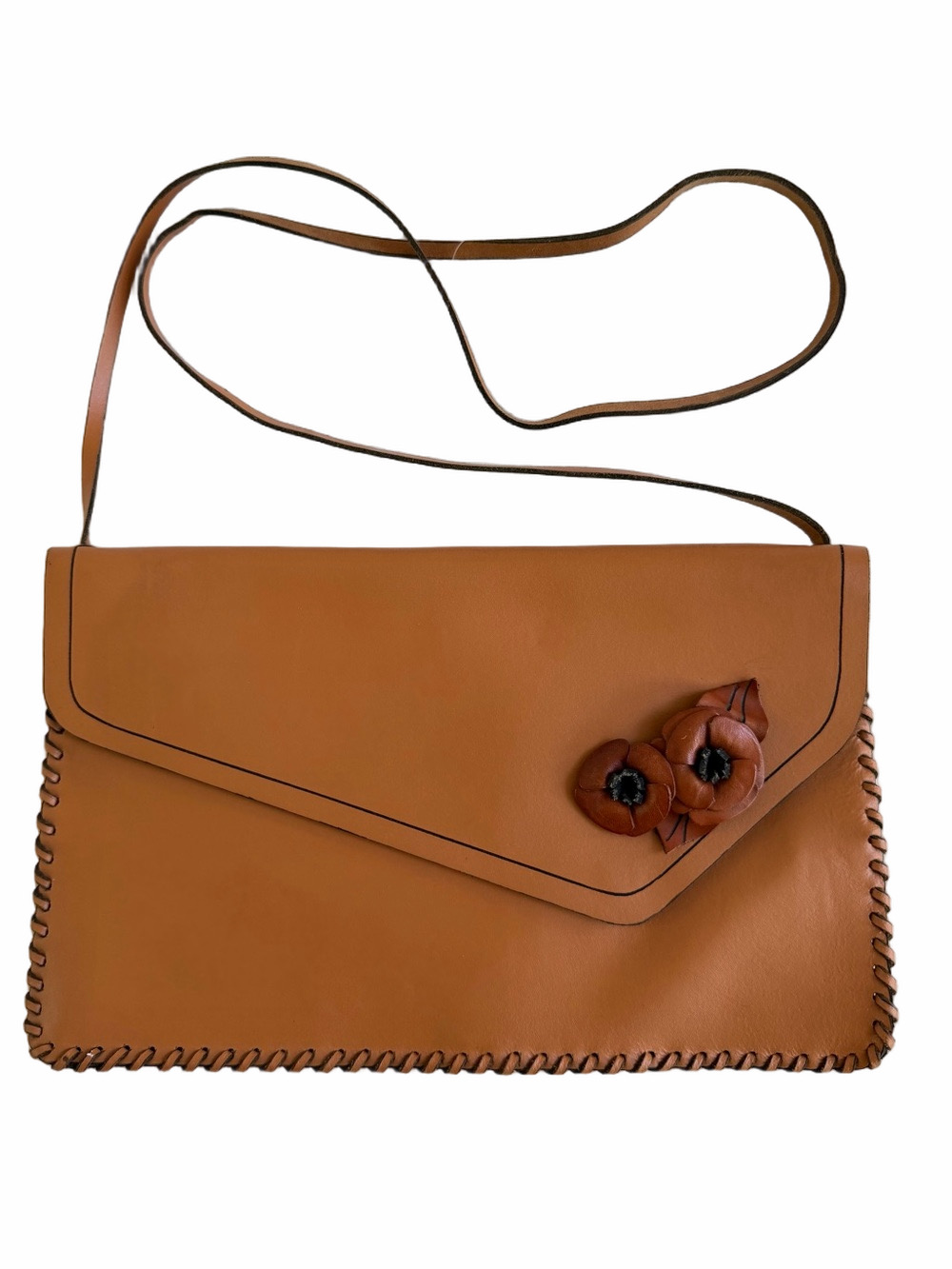 Vintage Hand Made Leather Envelope Style Crossbody Purse Tooled Flower Tan